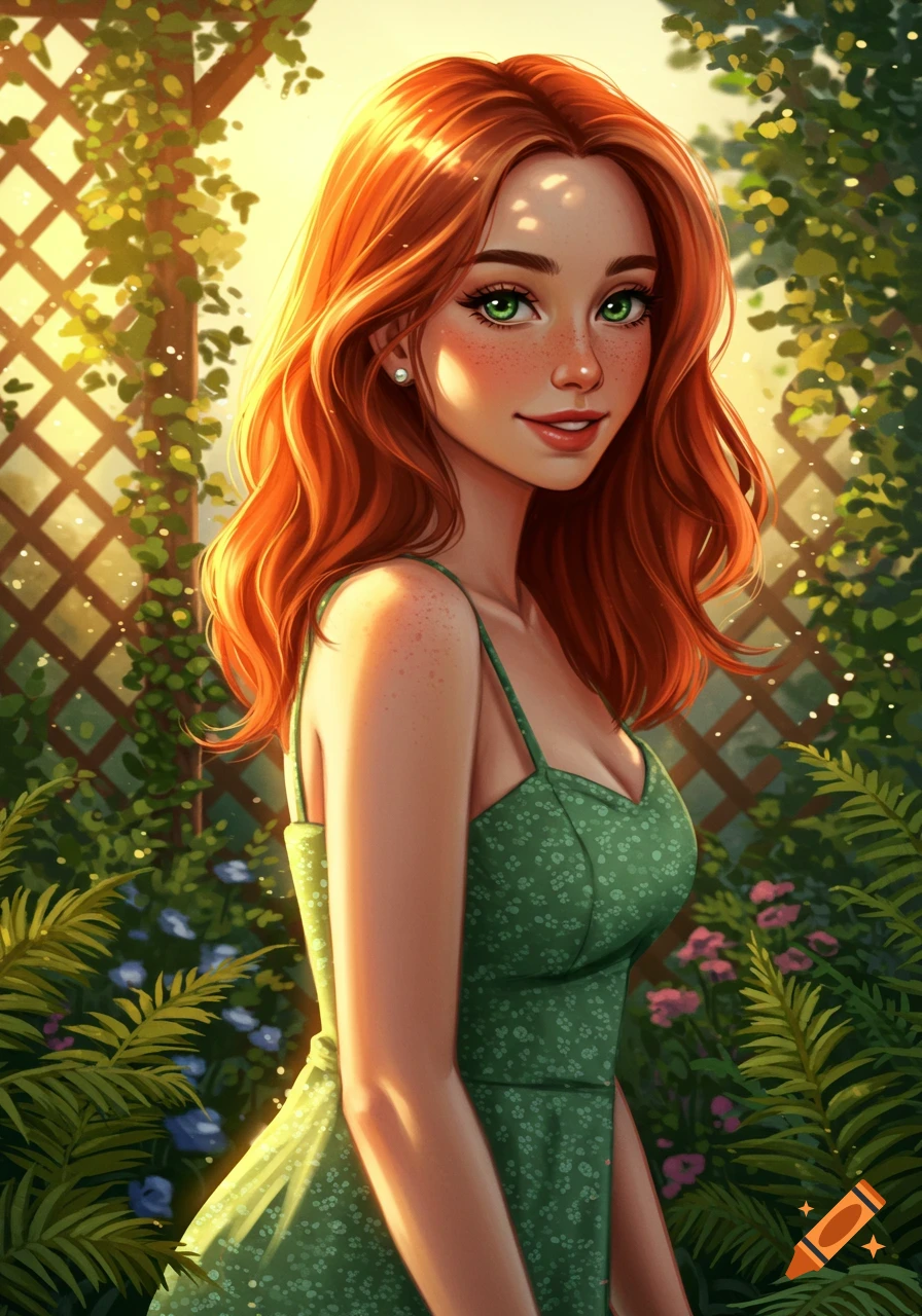 Digital art portrait of a smiling red-haired woman with green eyes and ...
