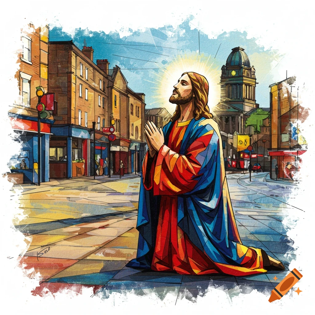 A vibrant cubist painting of Jesus in colorful robes kneeling and praying on a city street under a bright sky.