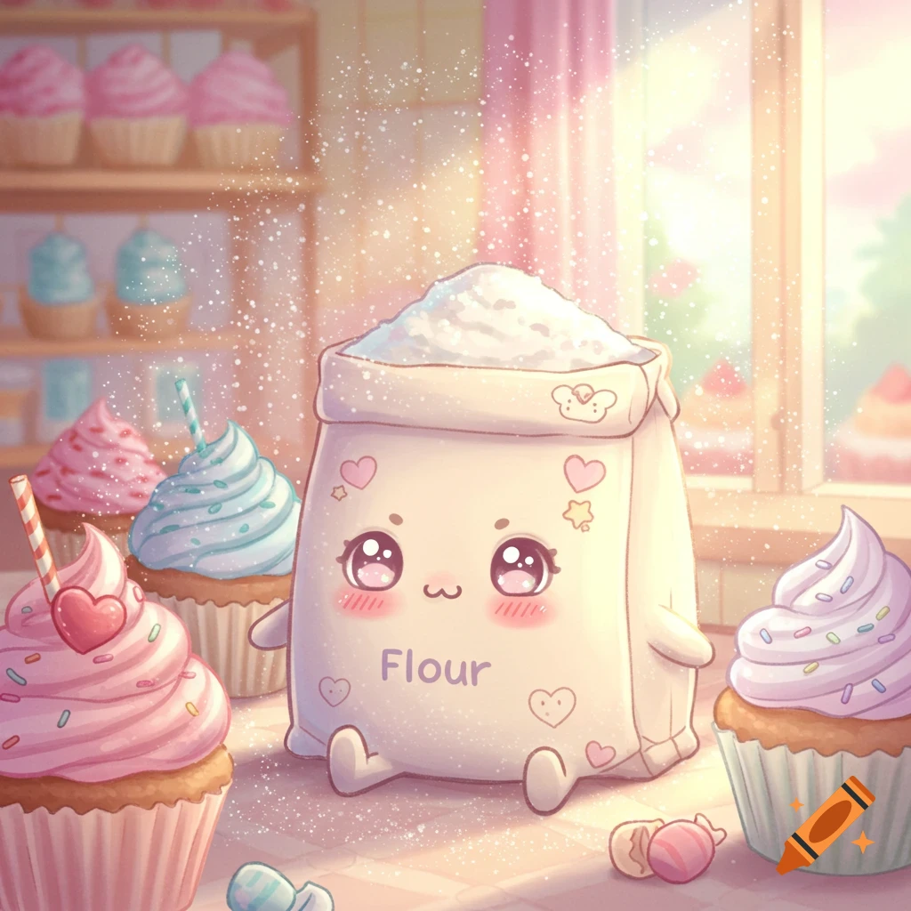 A cute, smiling bag of flour surrounded by pink and blue cupcakes, with flour dust sprinkling in a pastel-colored bakery scene.