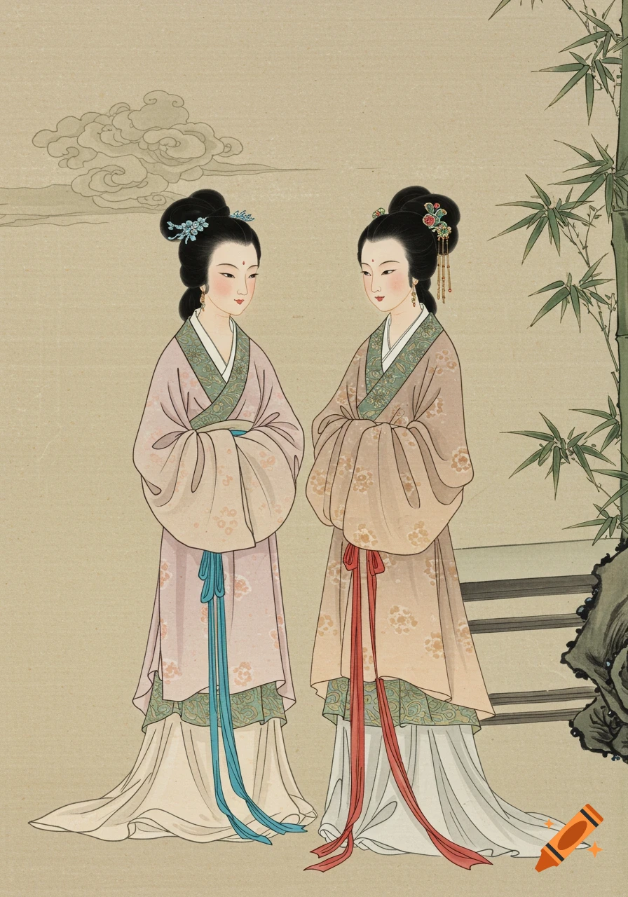 Two women in ornate Tang Dynasty robes stand in a detailed traditional Chinese ink on silk scroll painting with bamboo and clouds.