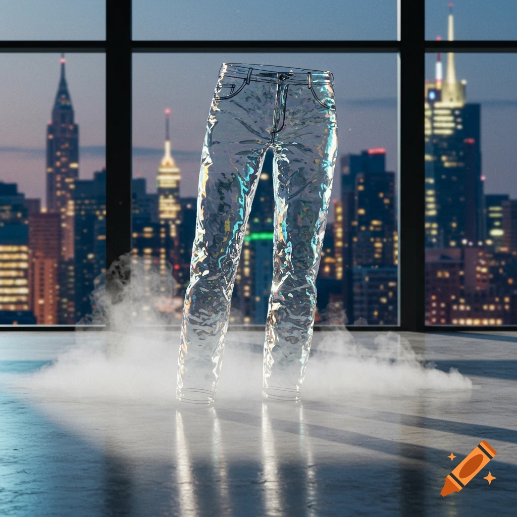 Shimmering, reflective pants stand in a room with smoke, overlooking a city skyline at dusk.