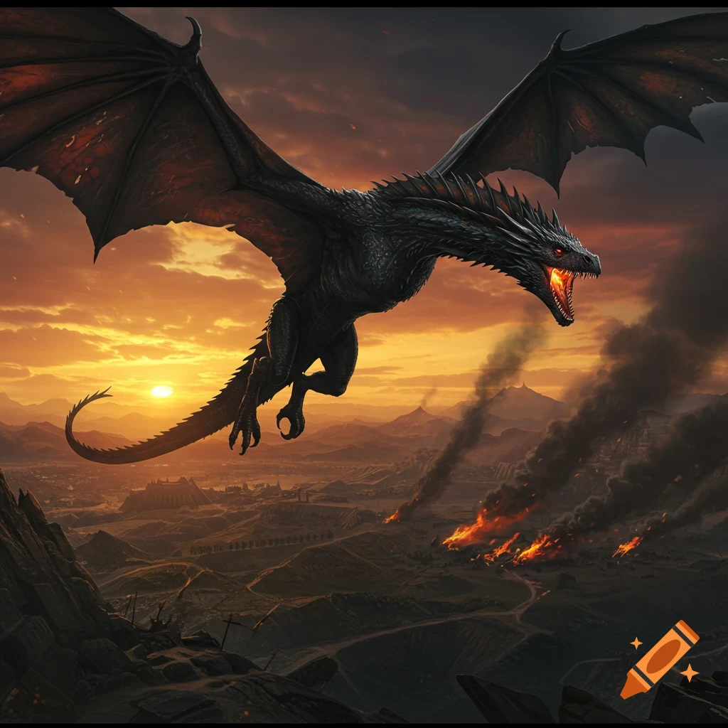 A massive black dragon with glowing red eyes and a fiery mouth soars over a burning valley under a dramatic sunset sky.