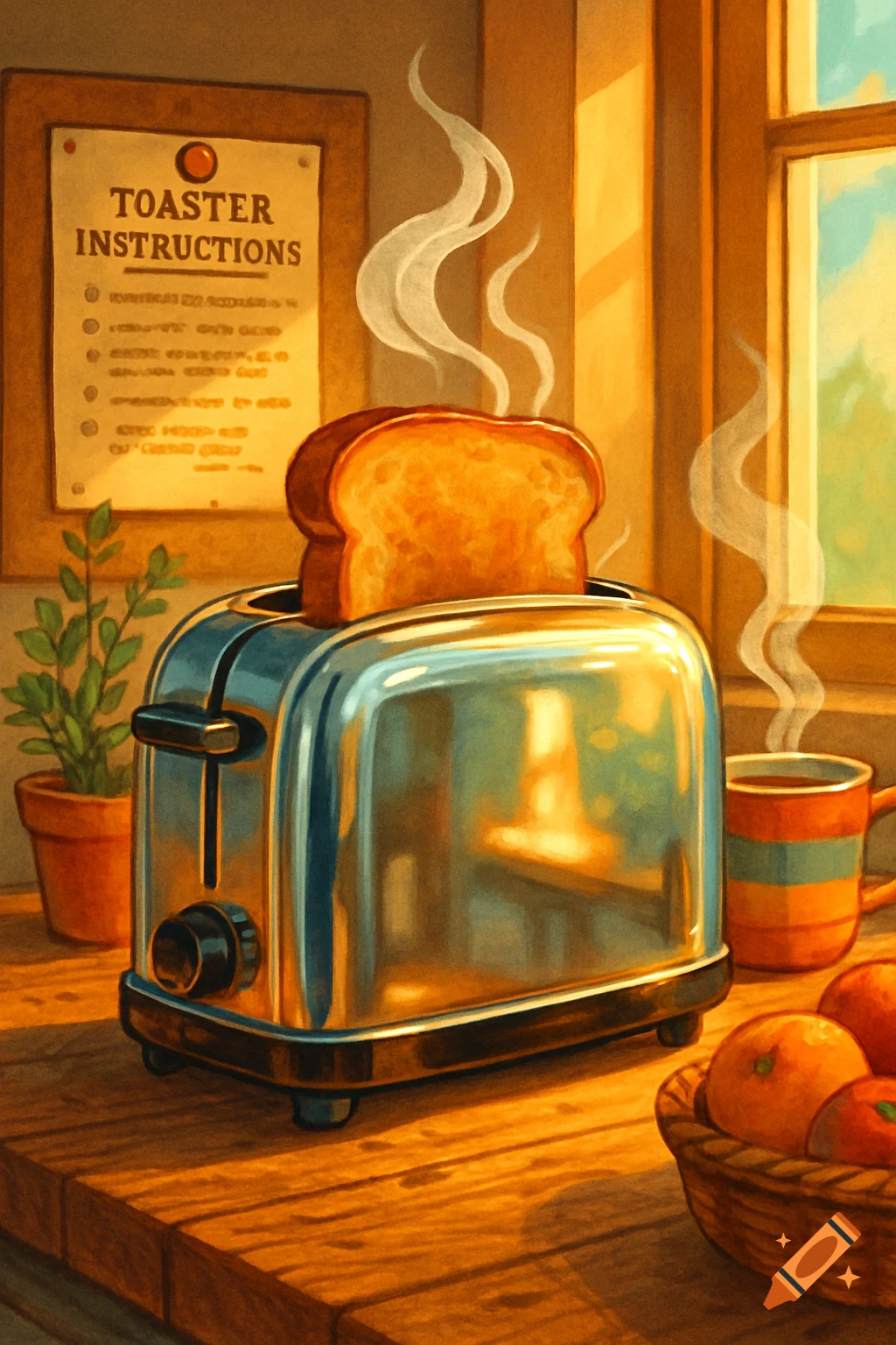 A stylized image of a chrome toaster with a slice of golden toast popping out, steaming. It sits on a wooden counter with a steaming coffee mug, a potted plant, and a basket of oranges. A sign on the wall reads "TOASTER INSTRUCTIONS".