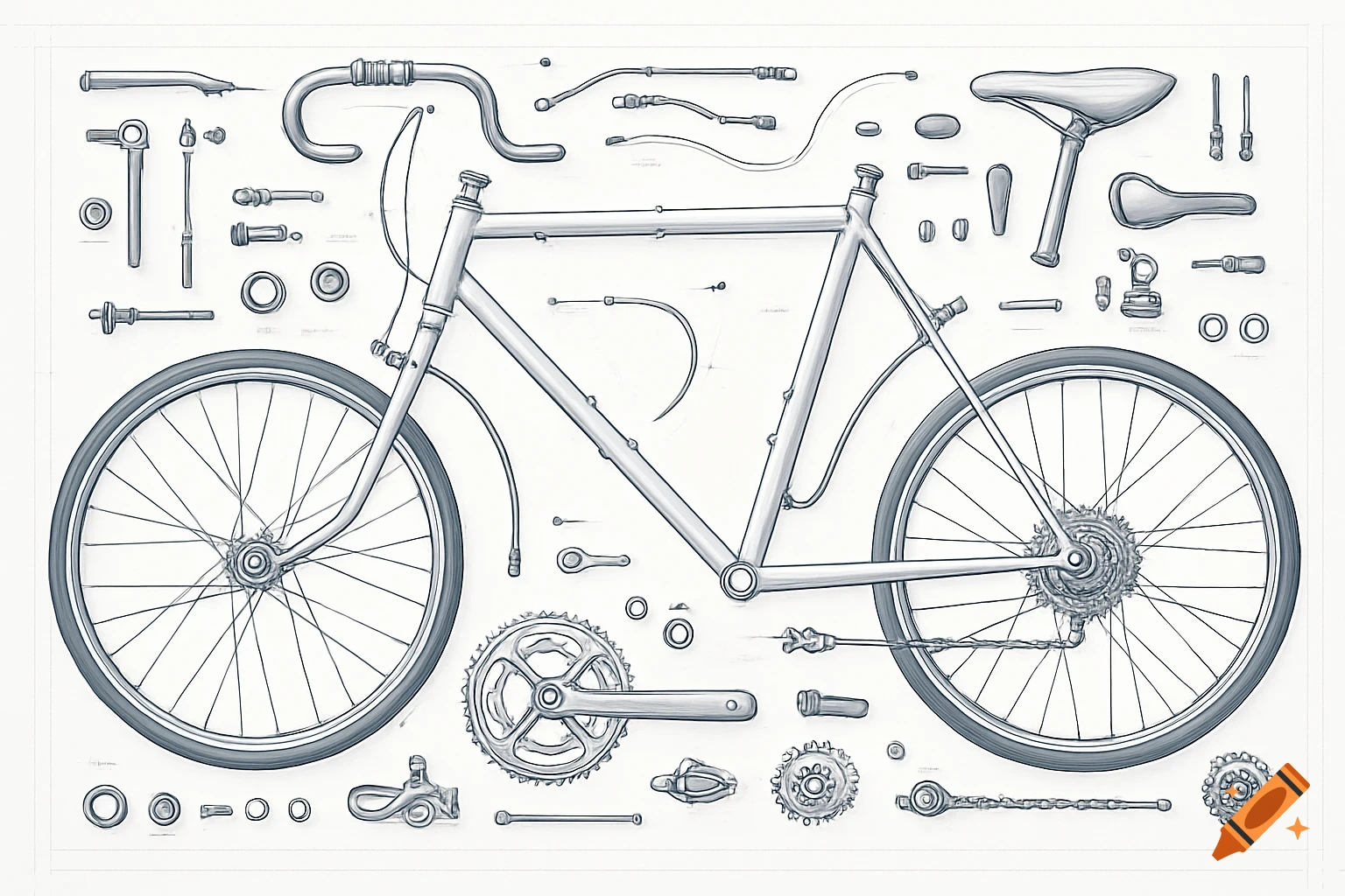 Exploded technical drawing of a bicycle, with all its mechanical components, including gears and chain, laid out on a white background.