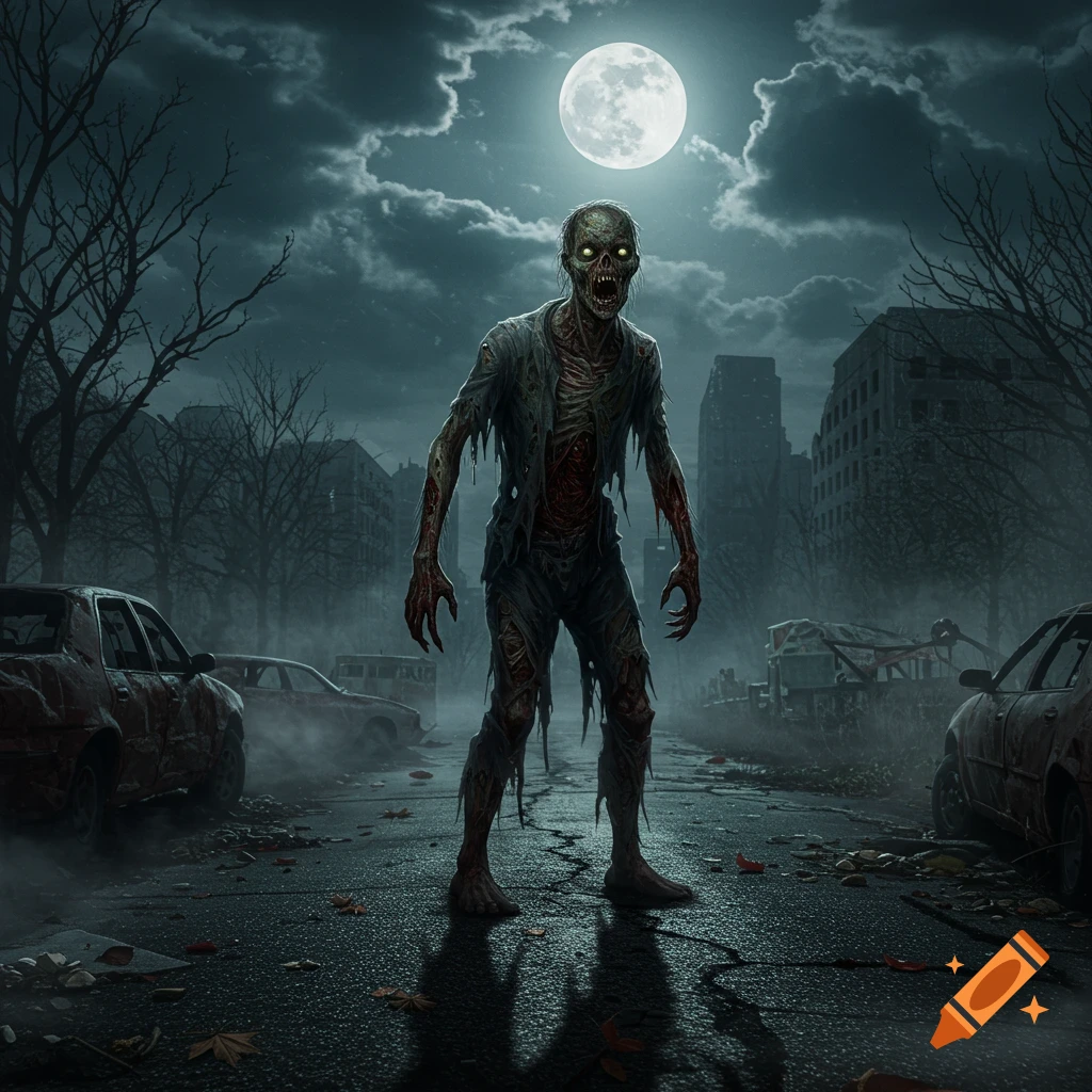 A horrifying zombie with glowing eyes and tattered clothes stands on a dark, destroyed city street under a full moon, hyperrealistic.