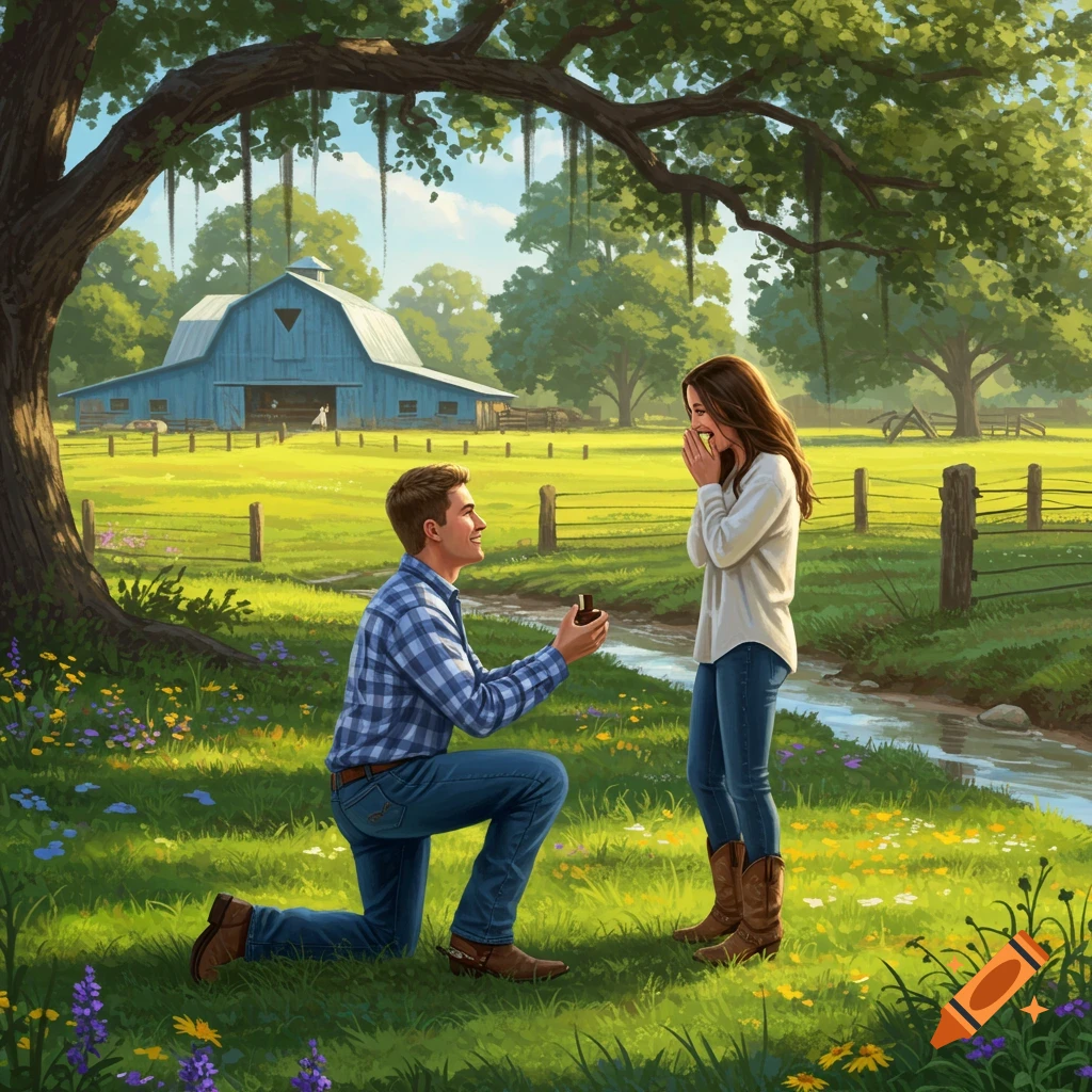 A man kneels to propose to a surprised woman in a grassy field with wildflowers and a blue barn in the background, under a large tree.