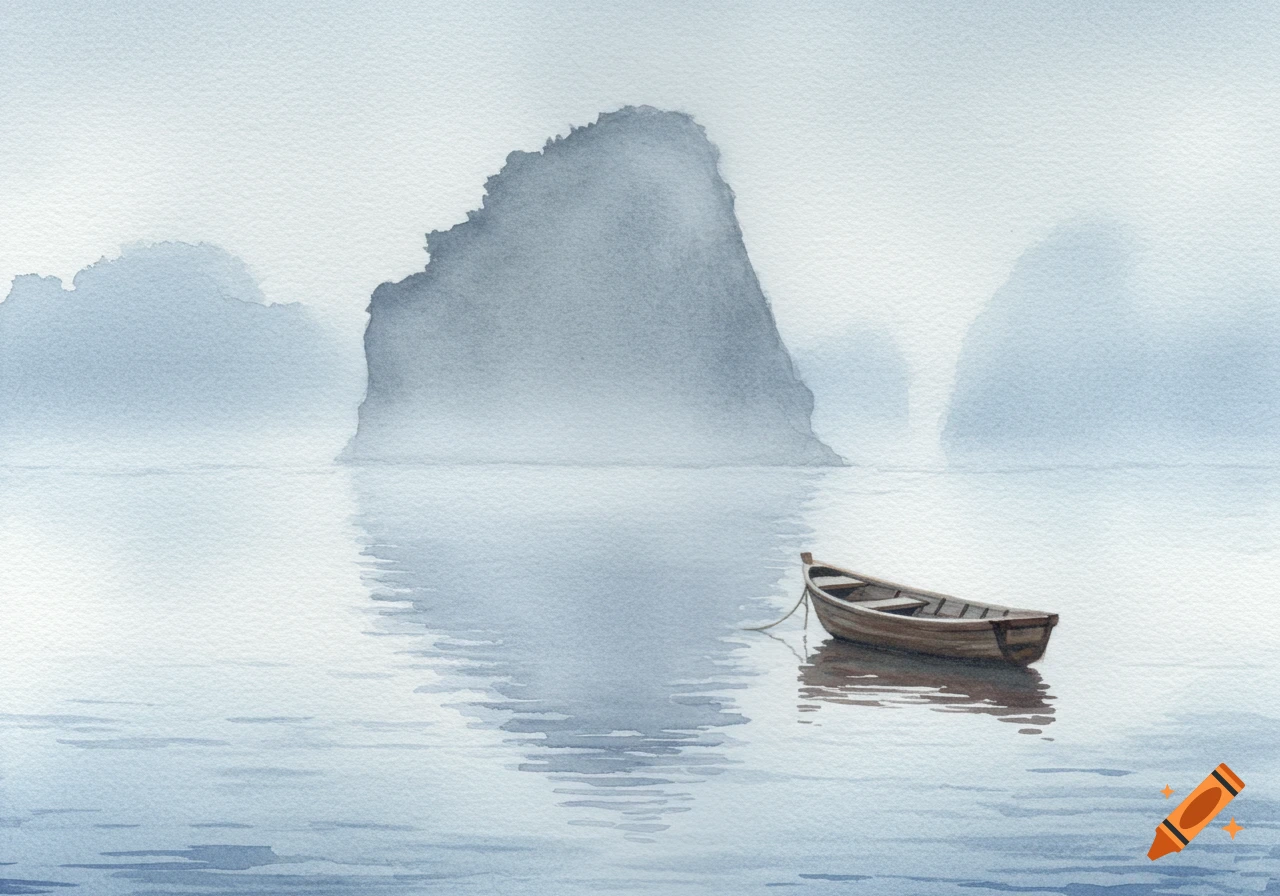 A small wooden boat floats on calm, misty water with obscure rock formations in the background, watercolor painting style.