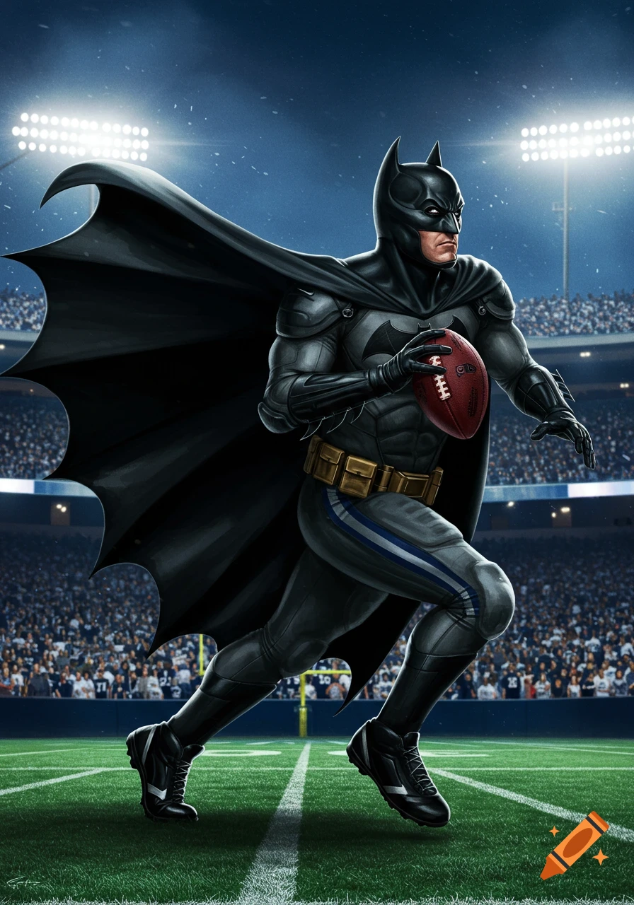 Batman in a dark suit and cape, holding a football, running across a football field in a stadium at night, depicted in a comic book art style.
