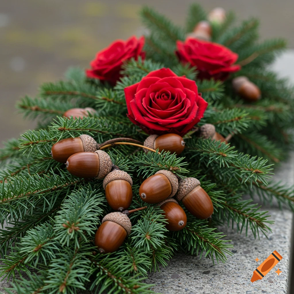 A photorealistic close-up of red roses, brown acorns, and green pine branches arranged on a grey stone surface.