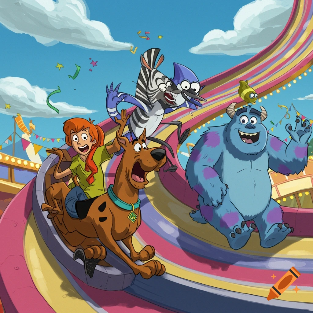 Daphne, Scooby Doo, Mordecai, a zebra, and Sully slide down a colorful funhouse slide at an amusement park in a vibrant cartoon style.