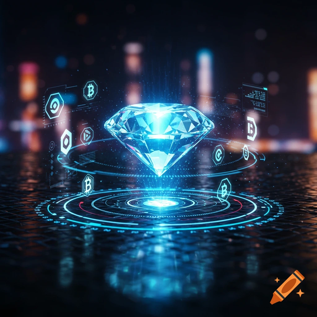 A glowing blue diamond on a reflective surface, surrounded by digital crypto symbols and blue light trails against a dark, blurred background.