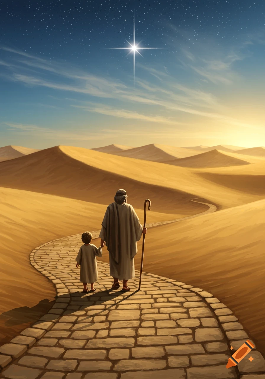 A father and son walk hand-in-hand on a winding stone path through a vast desert toward a bright, guiding star in the night sky.