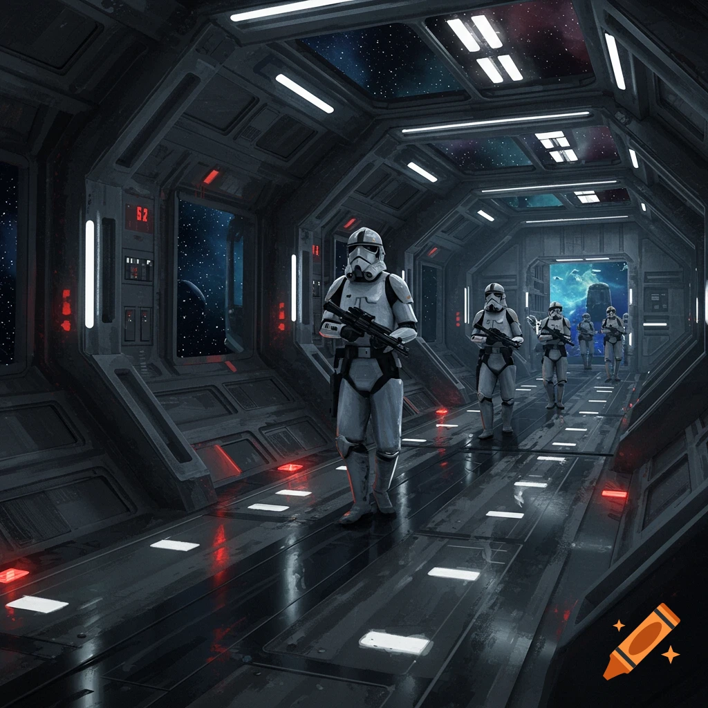 Several Star Wars Stormtroopers armed with blasters walk down a dark spaceship corridor with windows looking out into space.