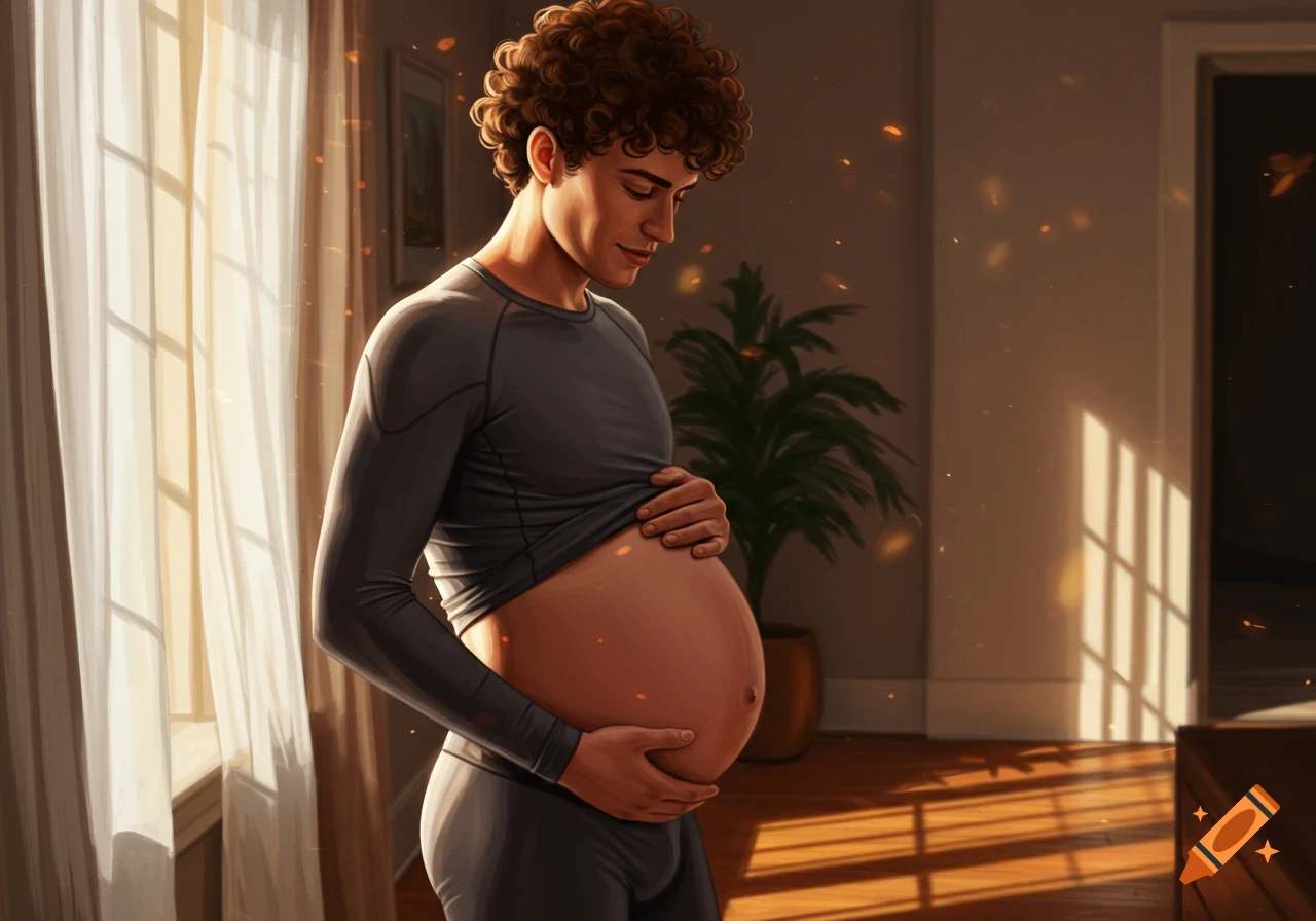 A smiling man with curly hair, wearing a gray compression shirt and shorts, holds his large pregnant belly in a sunlit room.