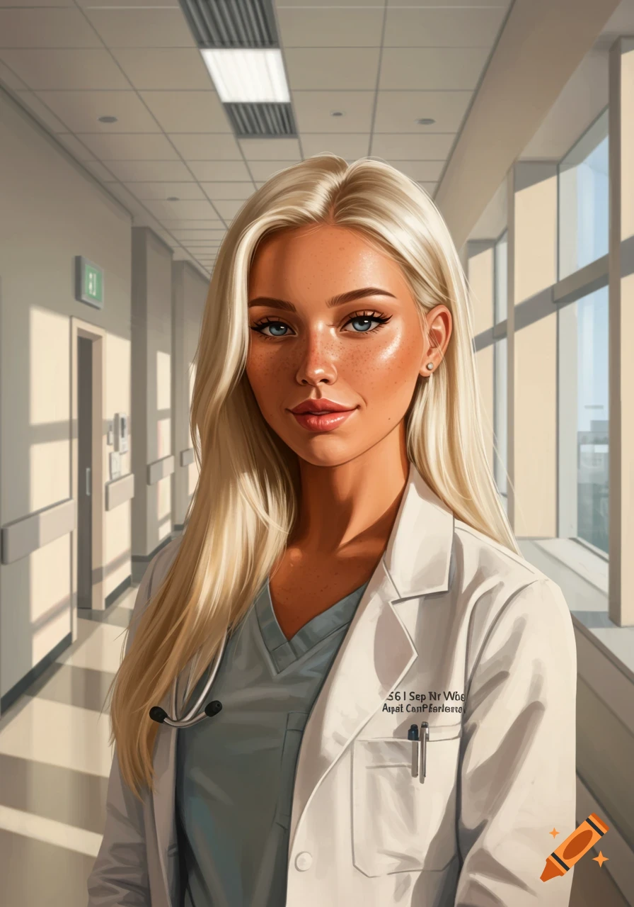 A digital art portrait of a blonde woman doctor with freckles and blue eyes, smiling in a hospital hallway.
