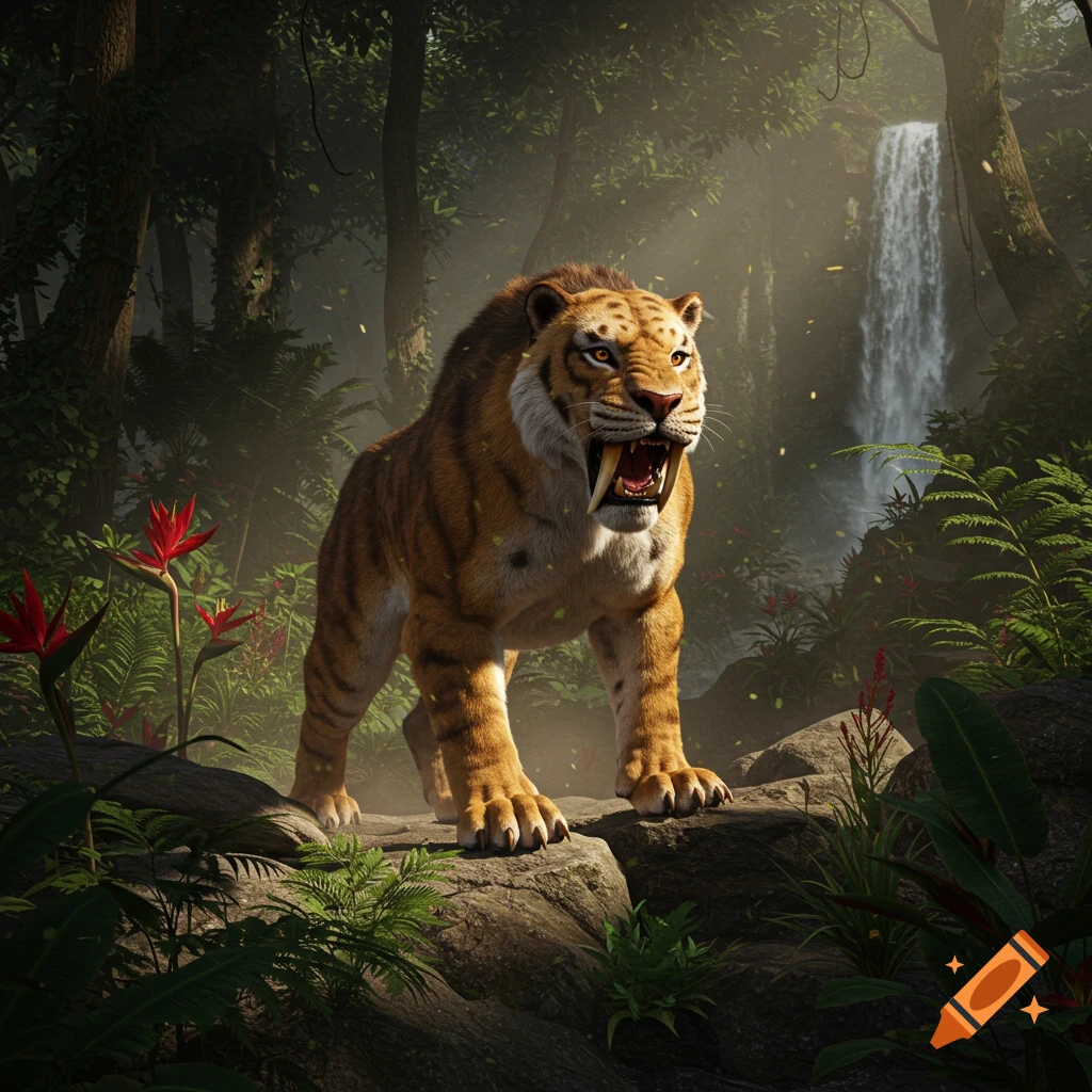 A majestic saber-toothed tiger with large fangs roars in a lush, misty jungle with a waterfall.