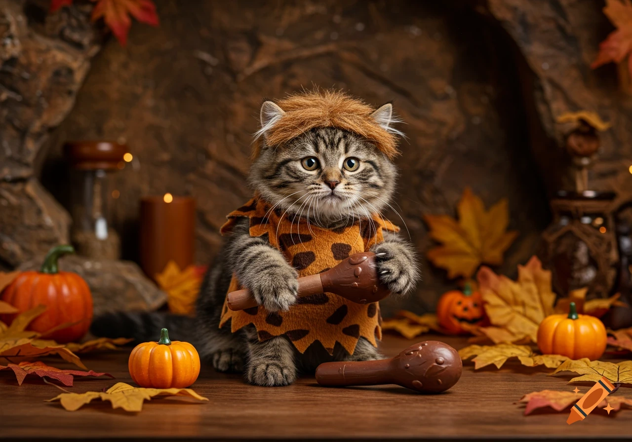 A cute tabby kitten dressed in a caveman costume, holding a toy club, surrounded by pumpkins and autumn leaves.