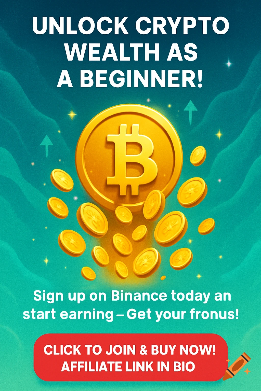 Vibrant blue and green ad with a large gold Bitcoin symbol, flying gold coins, and text about unlocking crypto wealth and signing up on Binance.