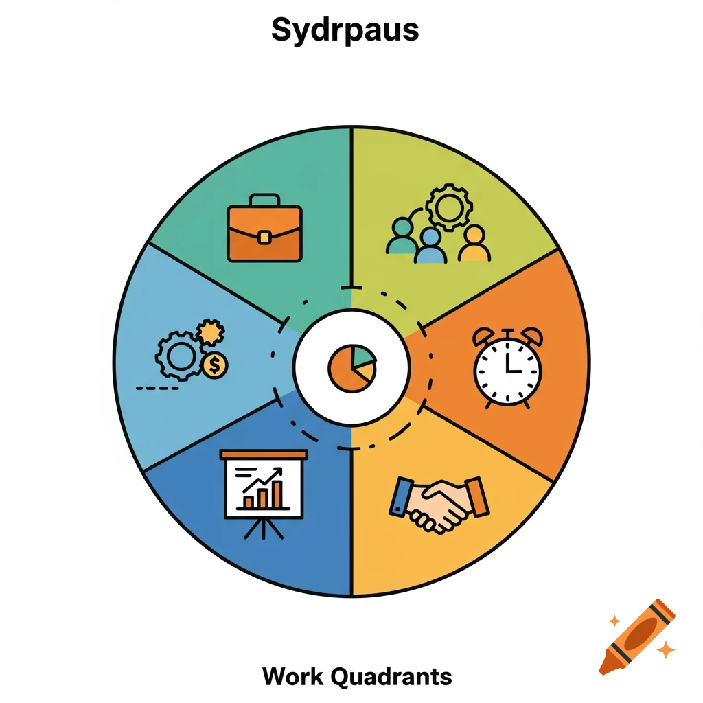 A circular diagram divided into six colorful quadrants, each with a different icon: a briefcase, three people with a gear, an alarm clock, two shaking hands, a chart on a whiteboard, and a gear with a dollar sign. A smaller pie chart is in the center. Text above reads "Sydrpaus" and below "Work Quadrants".