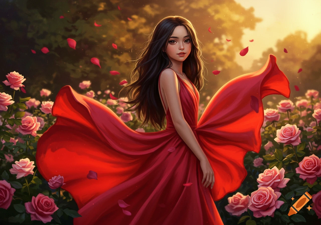 A young woman with long dark hair in a flowing red dress stands amidst ...