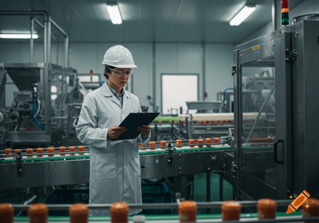 A quality technician in a white lab coat and hard hat reviews a clipboard in a modern food factory with production lines.