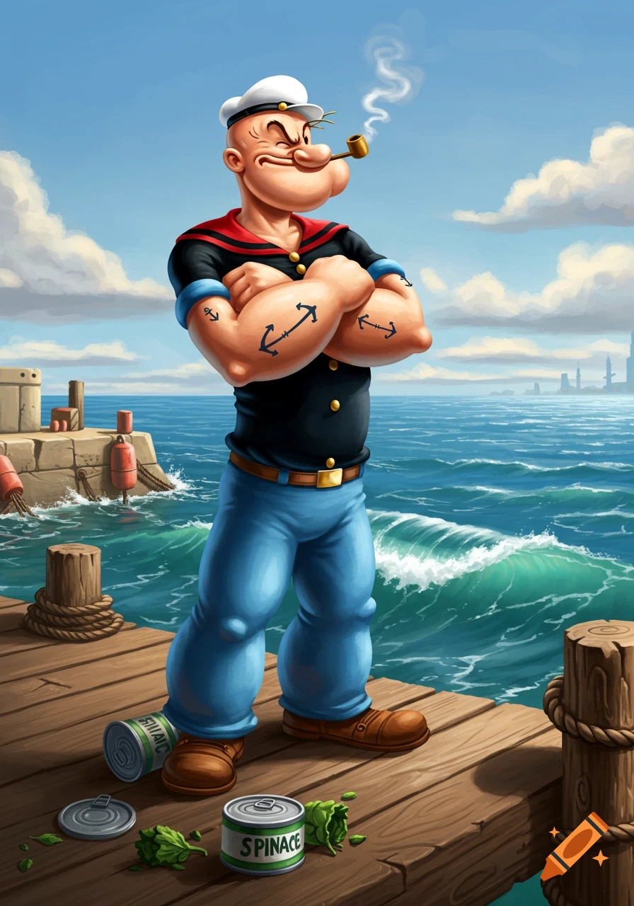 Popeye the Sailor stands on a wooden dock with arms crossed, smoking his pipe, with cans of spinach at his feet, in a stylized cartoon.