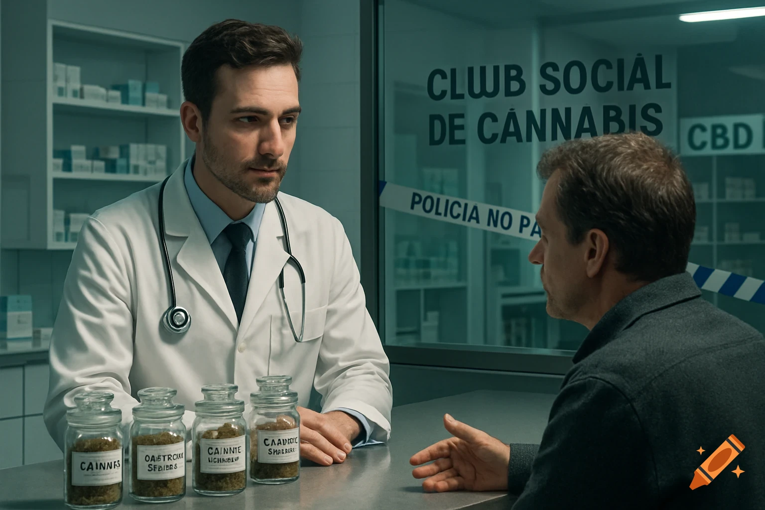 A doctor in a white coat talks to a man across a counter with cannabis jars. A background sign reads "CLUB SOCIAL DE CANNABIS" with police tape.