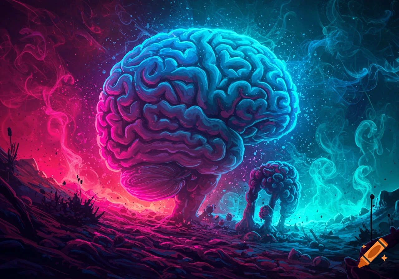 A large, glowing blue and pink brain emerges from a surreal, abstract landscape with vibrant pink and blue smoke.