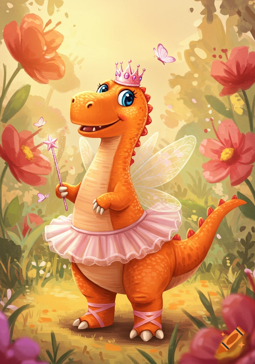 A cute orange cartoon dinosaur wearing a pink ballerina tutu, a crown, and fairy wings, holding a star-tipped wand in a lush garden with butterflies and flowers.