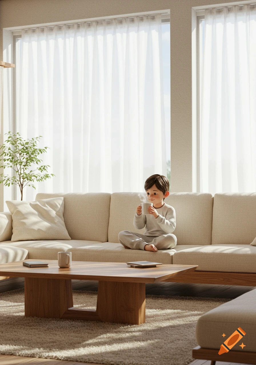 A cute animated boy in pajamas sits cross-legged on a beige sofa, holding a steaming mug, in a brightly lit minimalist living room.