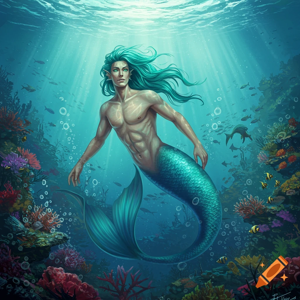 A muscular merman with flowing turquoise hair and a shimmering teal tail swims through a vibrant coral reef.