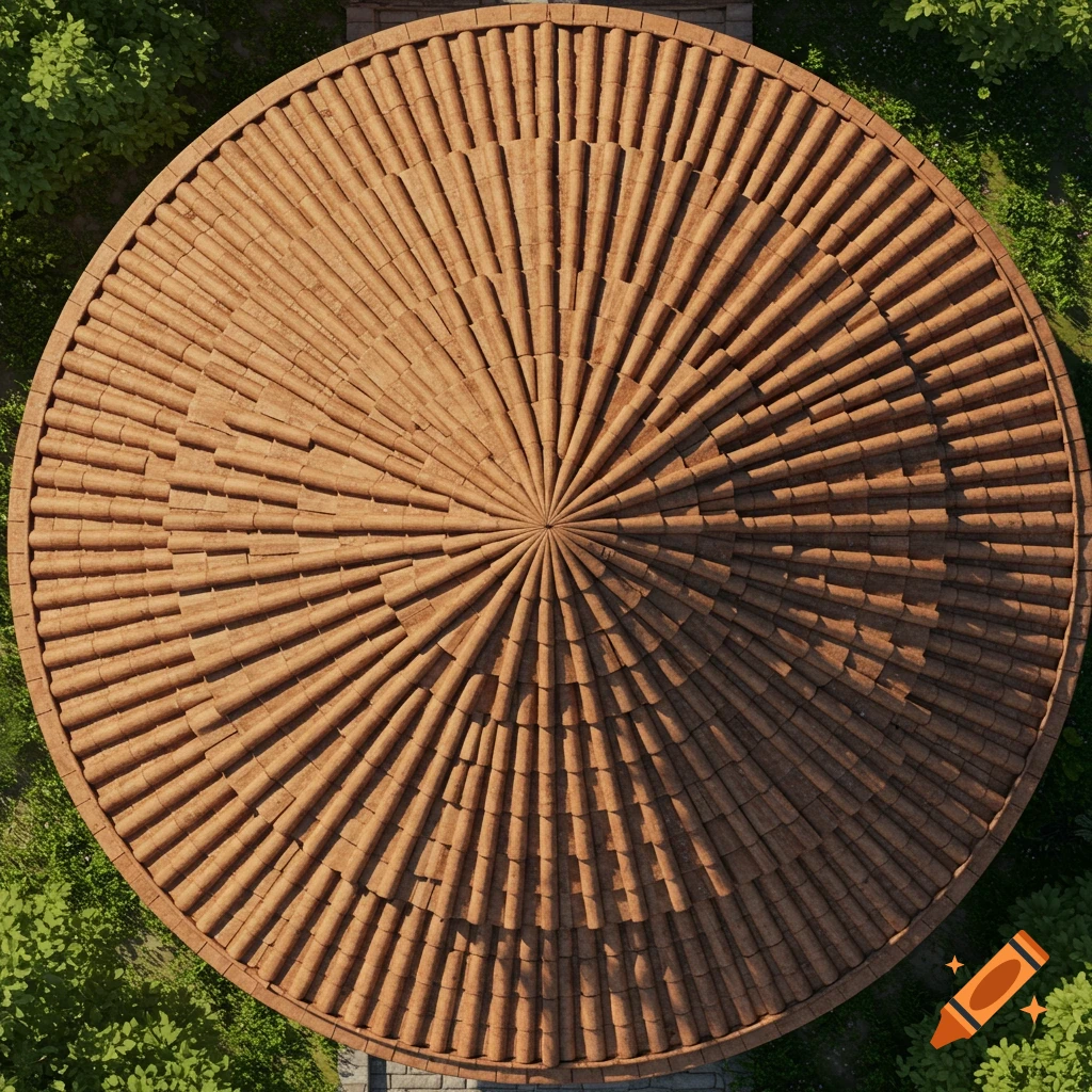 An overhead view of a round building roof covered with reddish-brown terracotta tiles, surrounded by green foliage.