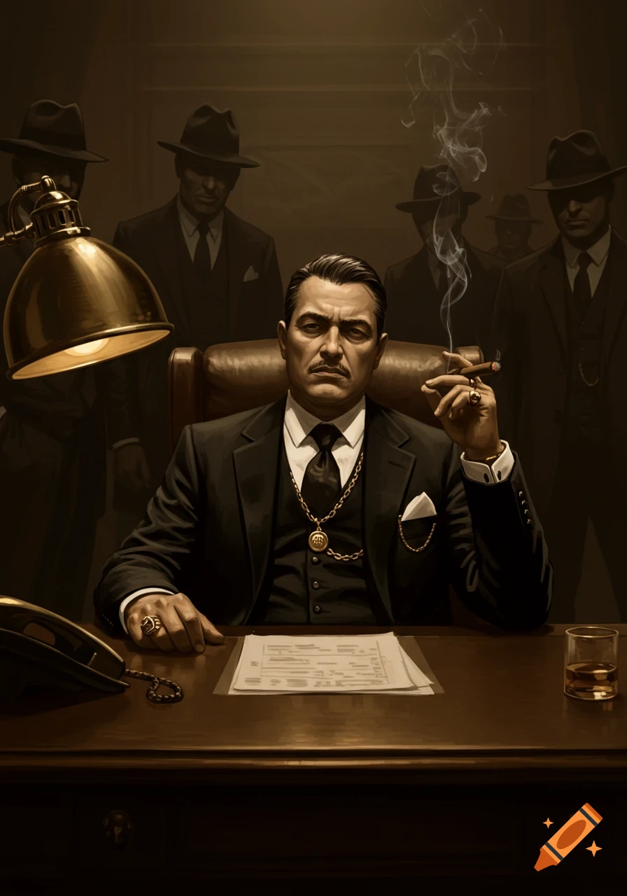 A powerful old-school gangster sits at a desk, smoking a cigar. Shadowy men stand behind him in a dimly lit office. Cinematic style.