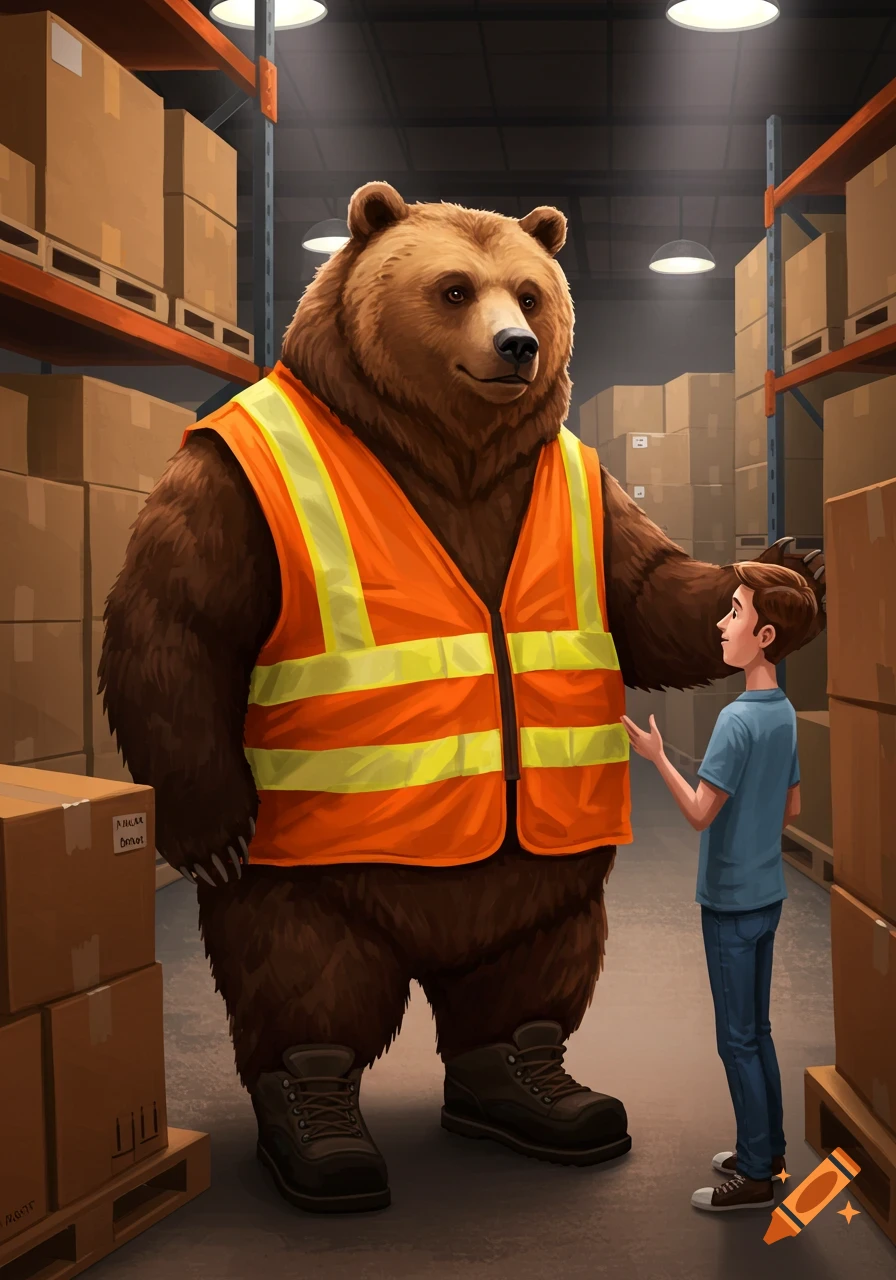 An anthropomorphic grizzly bear in an orange safety vest and boots greets a small man in a warehouse with stacked boxes.