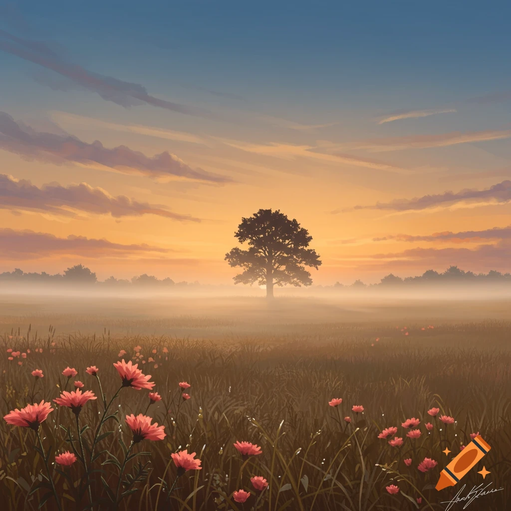 A misty sunrise over a field of tall grass and pink flowers, with a solitary tree silhouetted against the orange and blue sky.