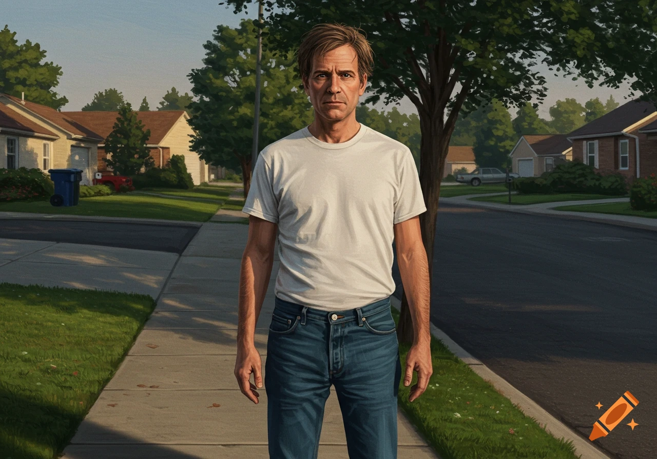 A photorealistic depiction of a man in a white t-shirt and jeans standing on a sidewalk in a suburban neighborhood.