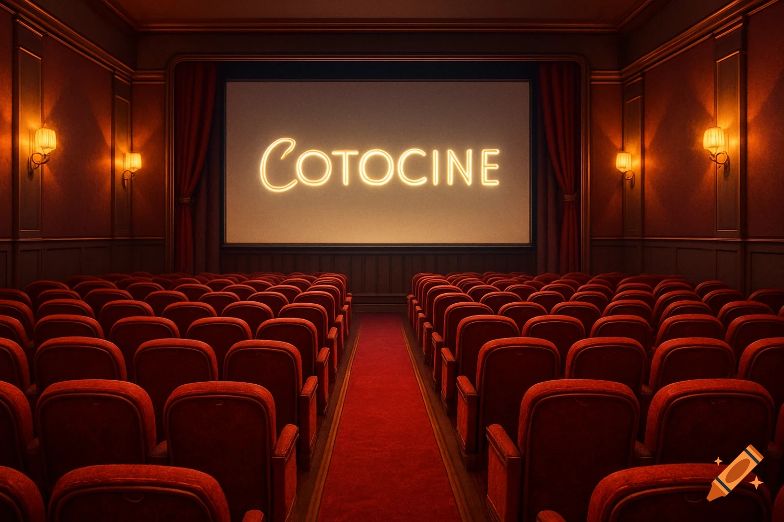 A vintage cinema interior with rows of red velvet seats leading to a large screen displaying "COTOCINE" in neon text.