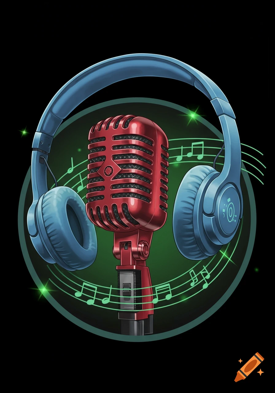 A detailed illustration of a red retro microphone surrounded by blue headphones and glowing green musical notes on a black background.