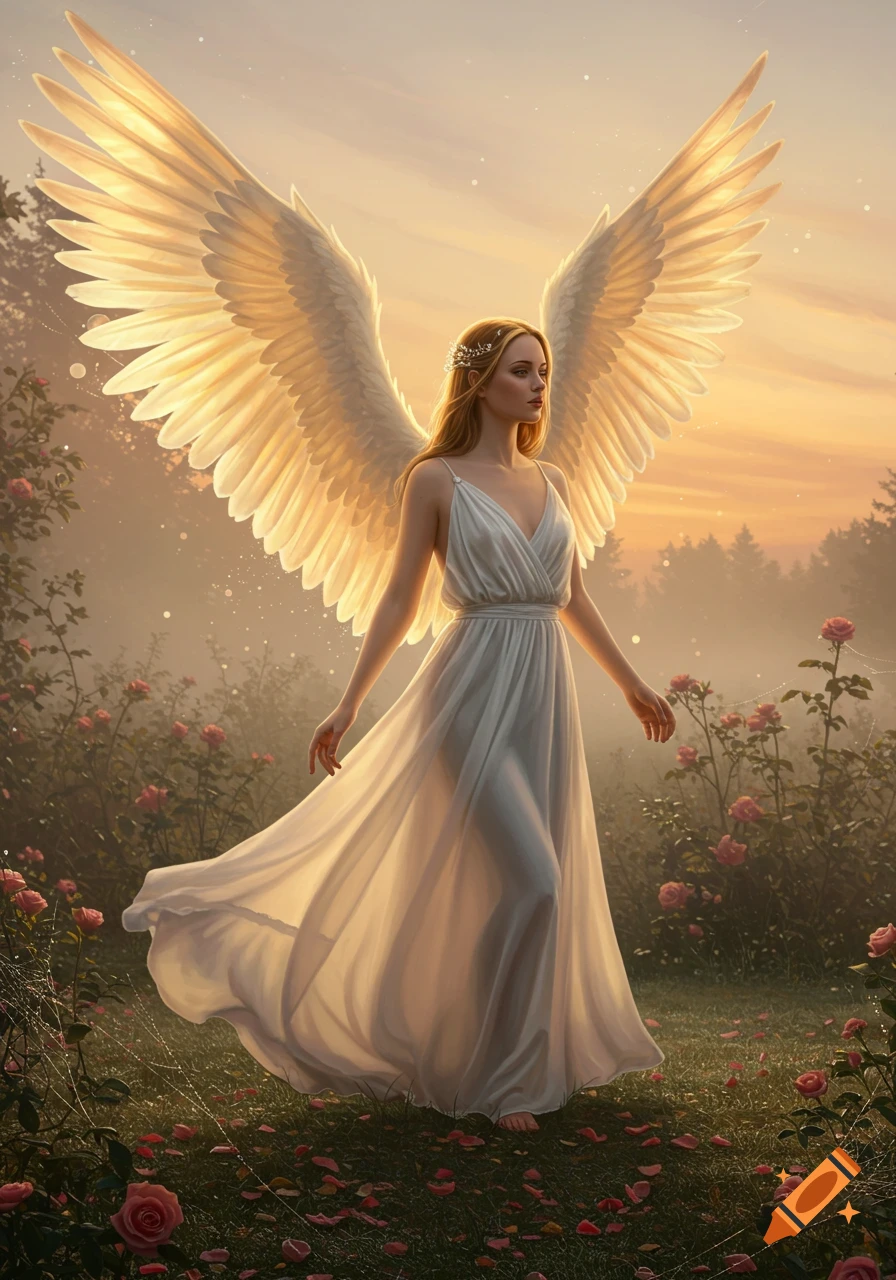 Photorealistic fantasy art of a graceful woman with large white angel wings walking through a rose garden at sunset in a flowing white dress.