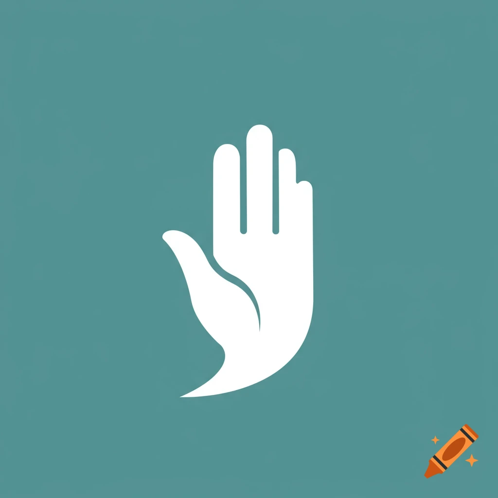 A white stylized hand pictogram raised in a gesture of prayer against a teal background.