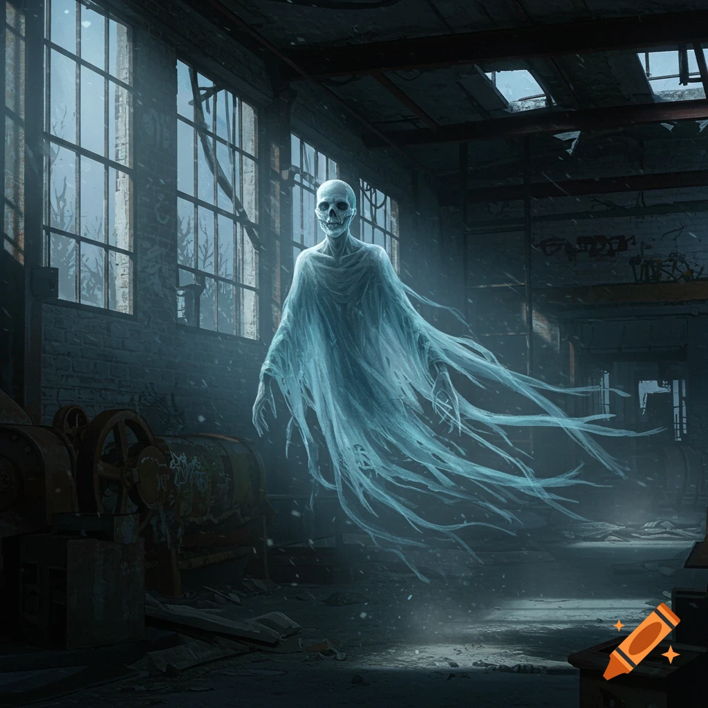 A glowing, ethereal ghost with a skull face floats in a derelict, windowed factory building.