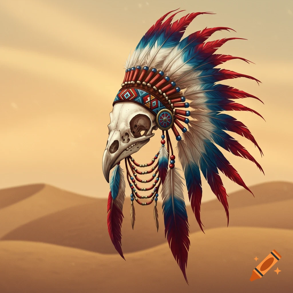 A stylized bird skull wearing a vibrant feathered headdress with red, white, and blue feathers, beads, and patterns, set in a desert landscape.