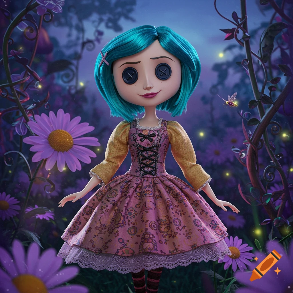 A button-eyed doll with teal hair and a pink patterned dress stands in a magical purple garden with glowing flowers.