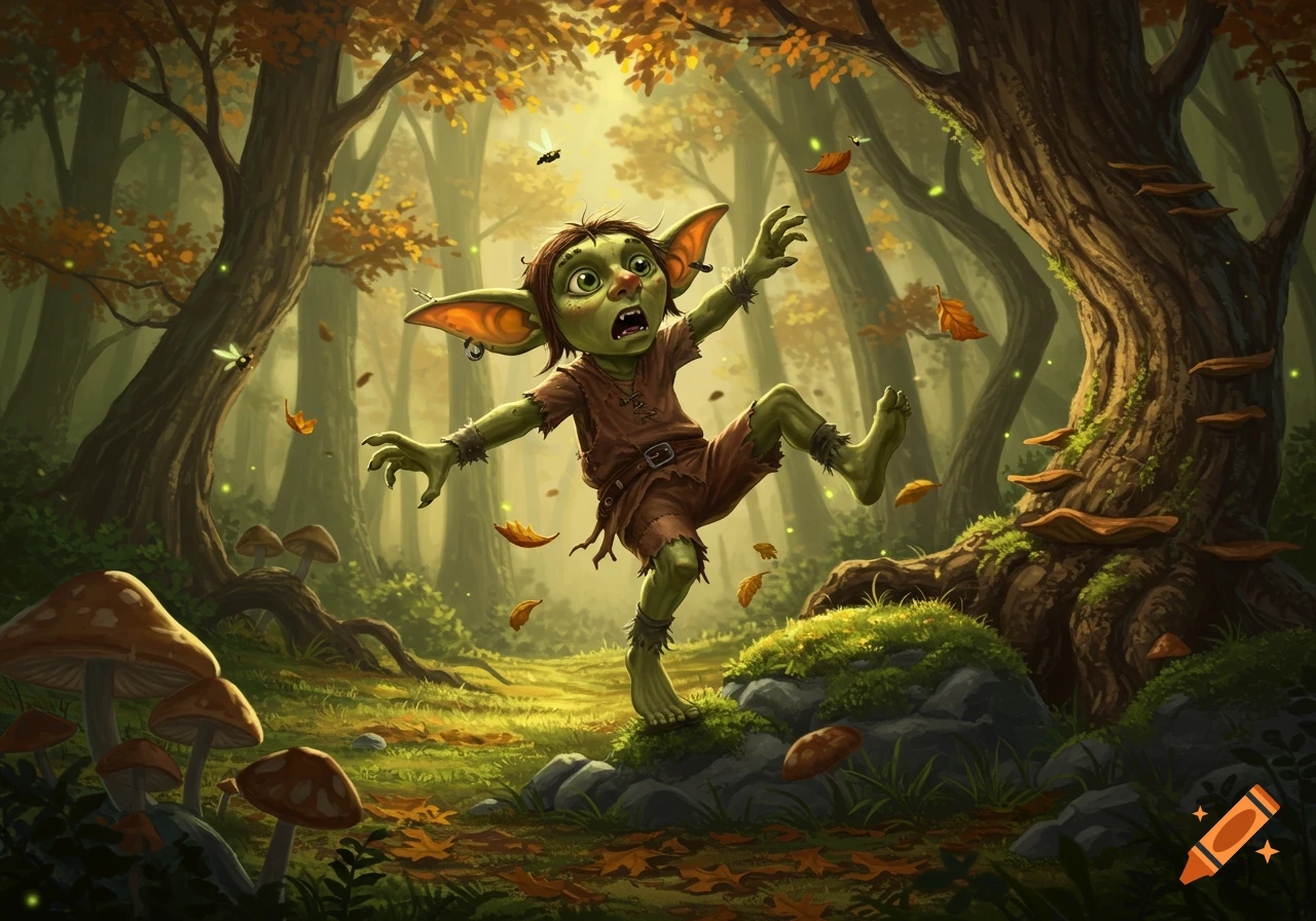 A cartoonish green goblin stumbles in a vibrant autumn forest with glowing leaves and mushrooms.