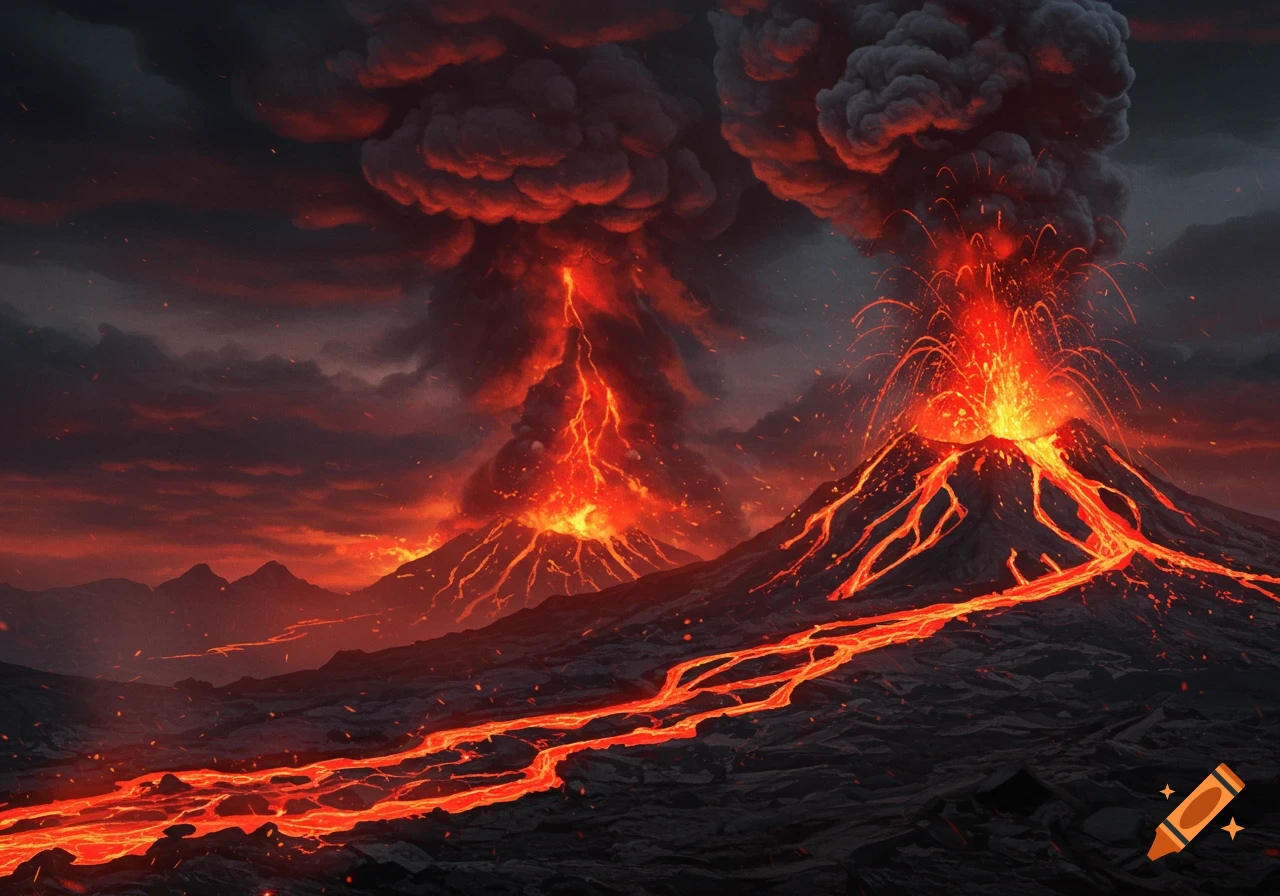A dramatic illustration of two erupting volcanoes, with bright orange lava flowing down their sides and thick dark smoke rising into the fiery red sky.