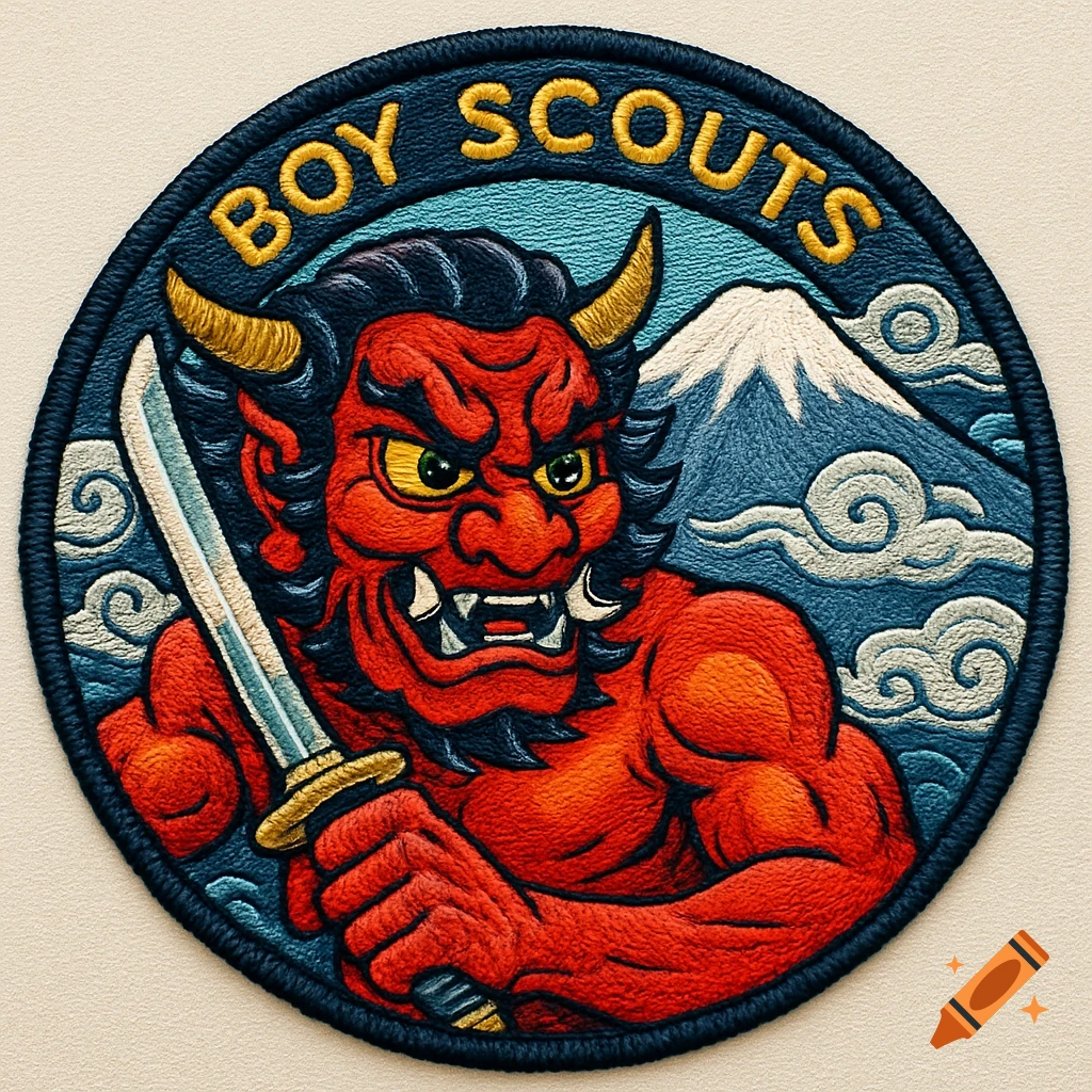 An embroidered Boy Scouts patch featuring a red, horned demon with a sword, set against a snow-capped mountain.
