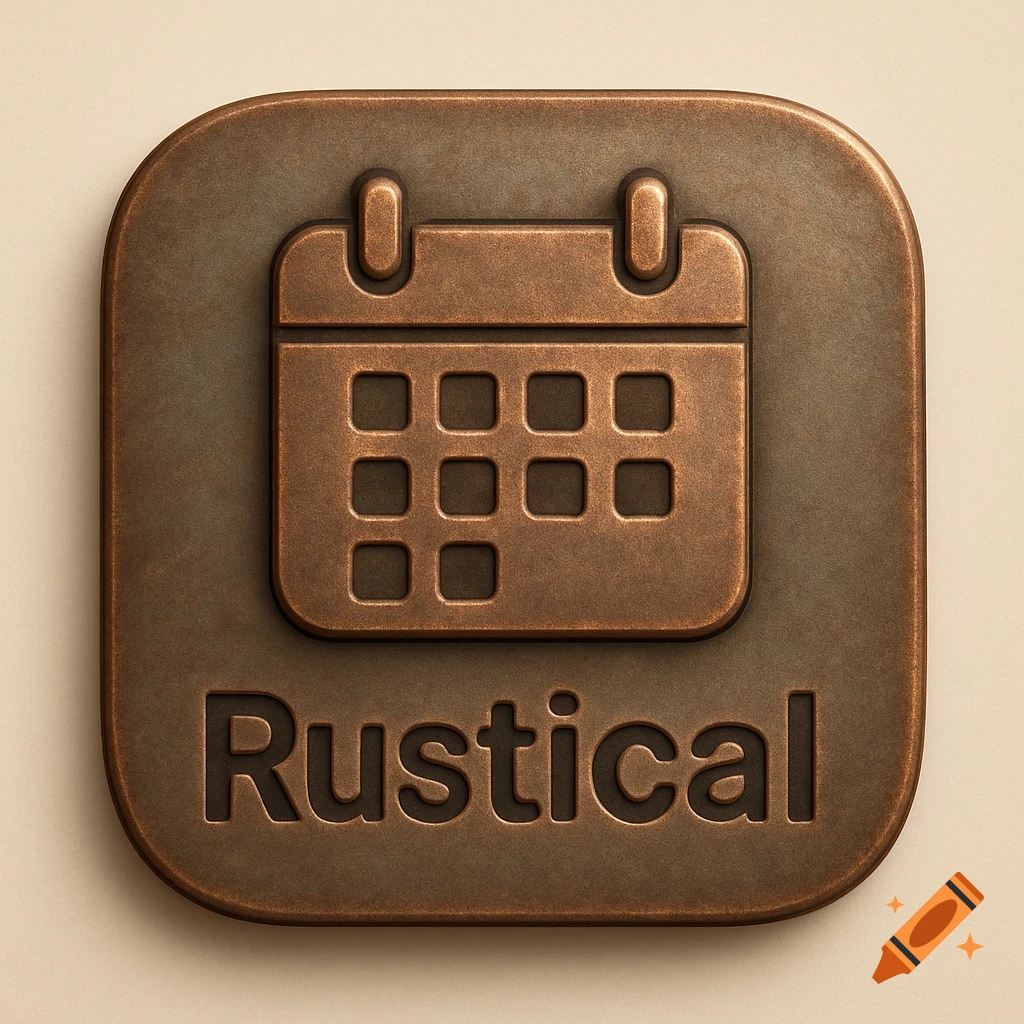 A bronze-colored app icon featuring an embossed calendar symbol and the word 'Rustical' below it.