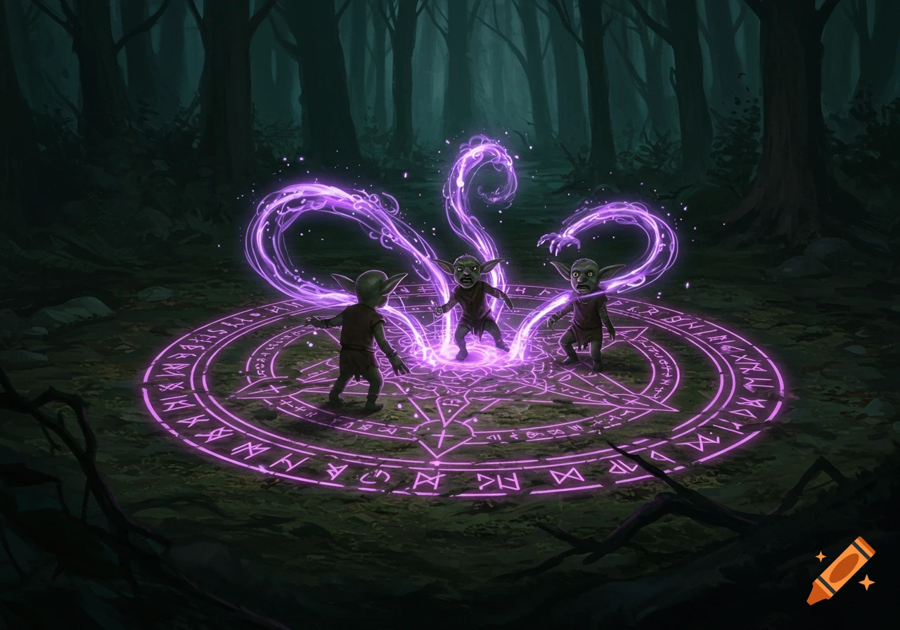 Three goblins stand on a glowing purple magic sigil in a dark forest, bound by ethereal purple chains.