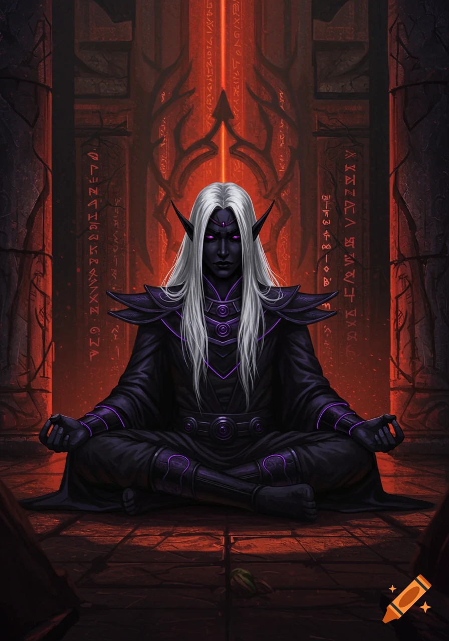 A dark elf acolyte with long white hair and glowing purple eyes ...