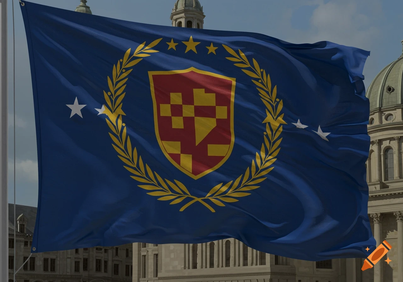 A photorealistic blue flag with a gold laurel wreath, red and gold checkered shield, and white stars waves against classical buildings.